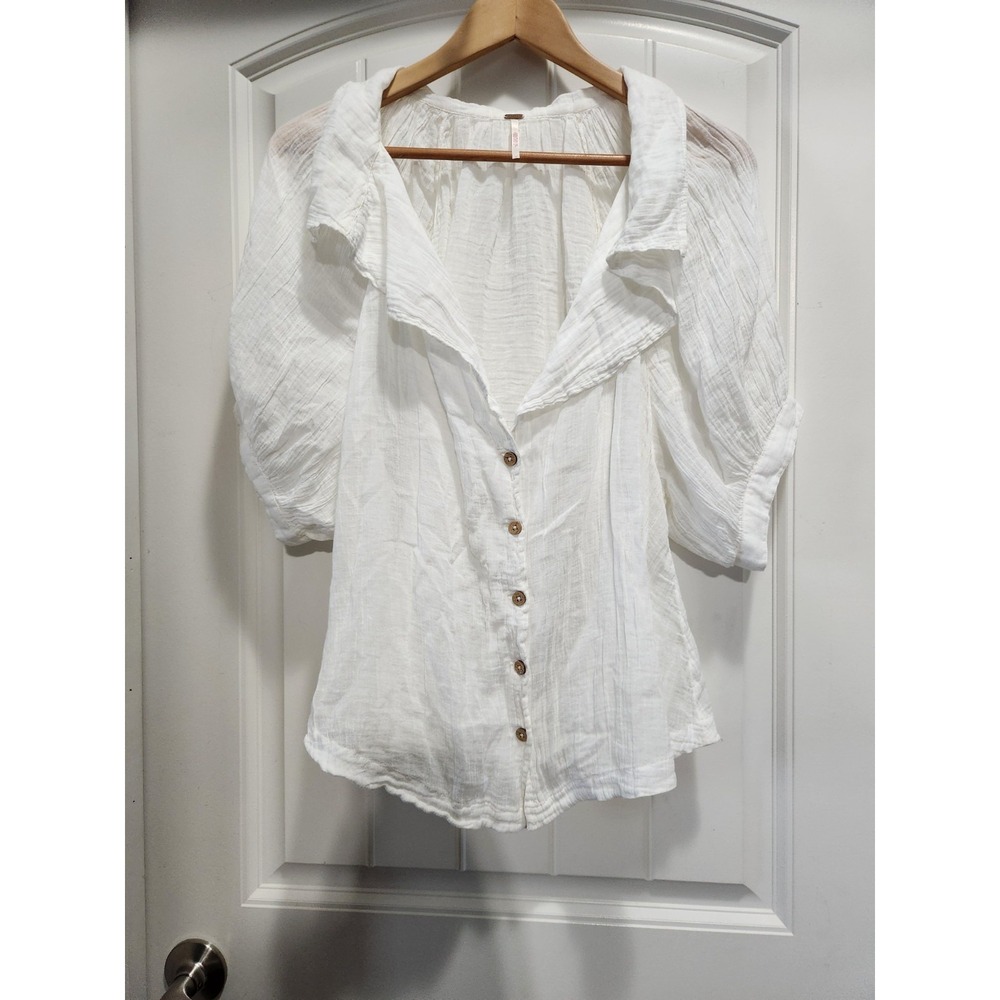 Free People White Cotton Gauze Puff Sleeve Button Down Blouse Top OB1499815 M
